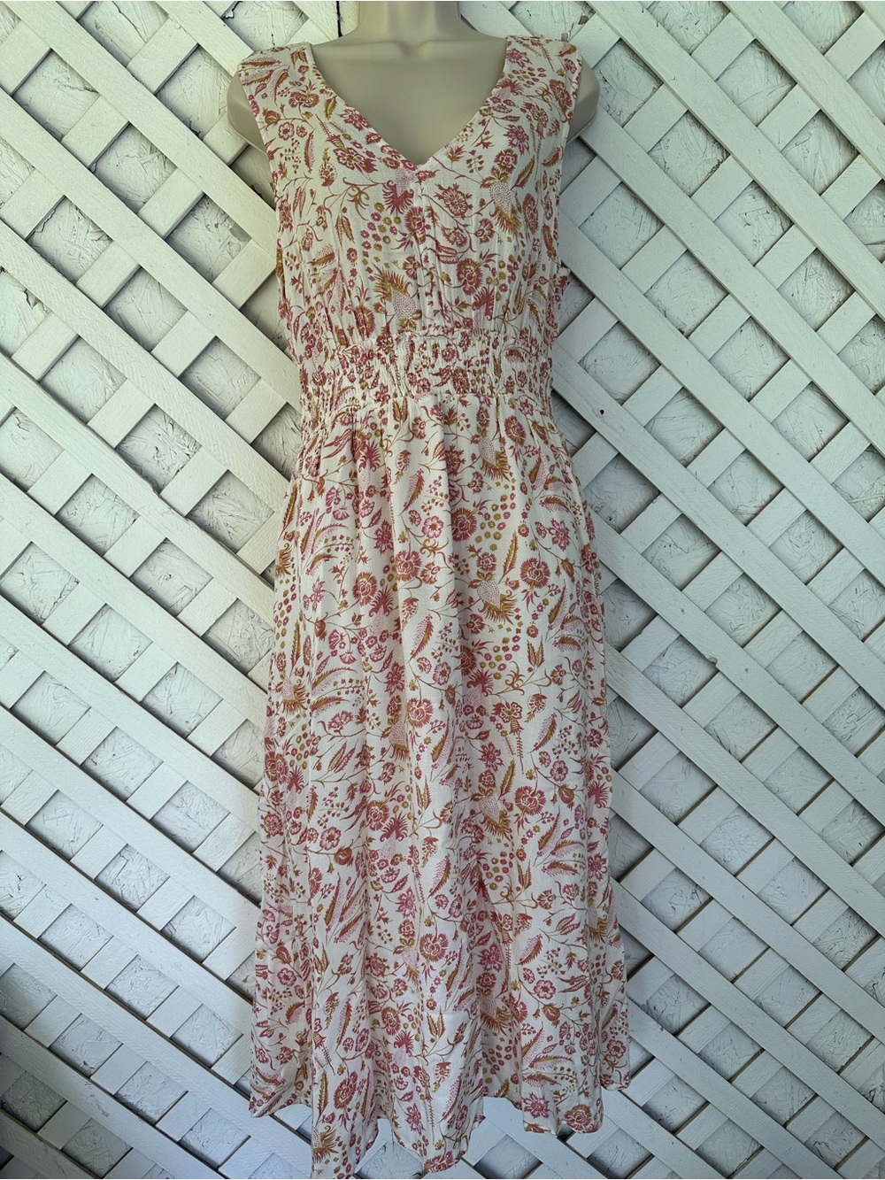 Lucky Brand Cream Midi Dress with Dusty Rose Floral Print Cottagecore Peasant M